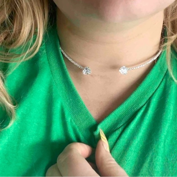 New Crystal & Cubic Zirconia Heart Accented Open Cuff Pave Choker Necklace - Picture 15 of 16